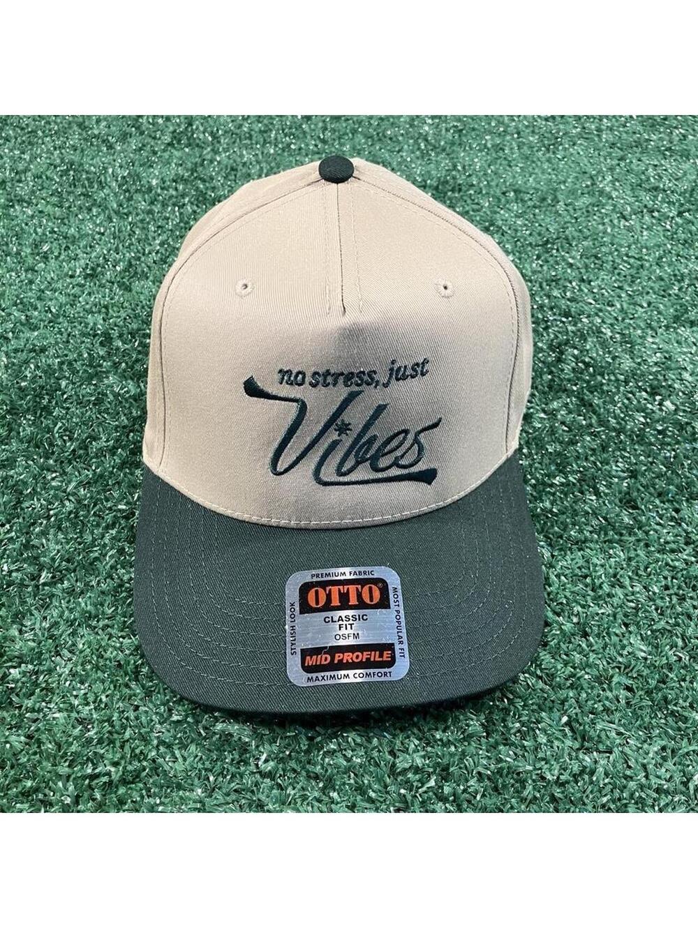 No Stress Just Vibes green & cream delta gardening hat 420 snapback hat trucker